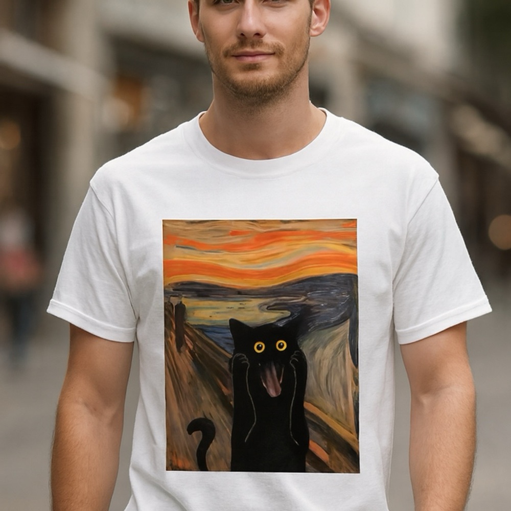 Artistic White T-Shirt with Black Cat Design